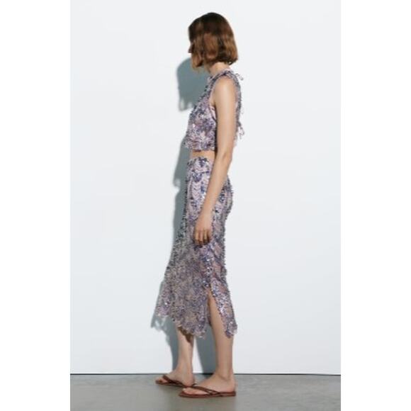 Zara Iridescent Pink & Purple Scalloped Sequin Mermaid Midi Pencil Skirt Size XS - Picture 7 of 15